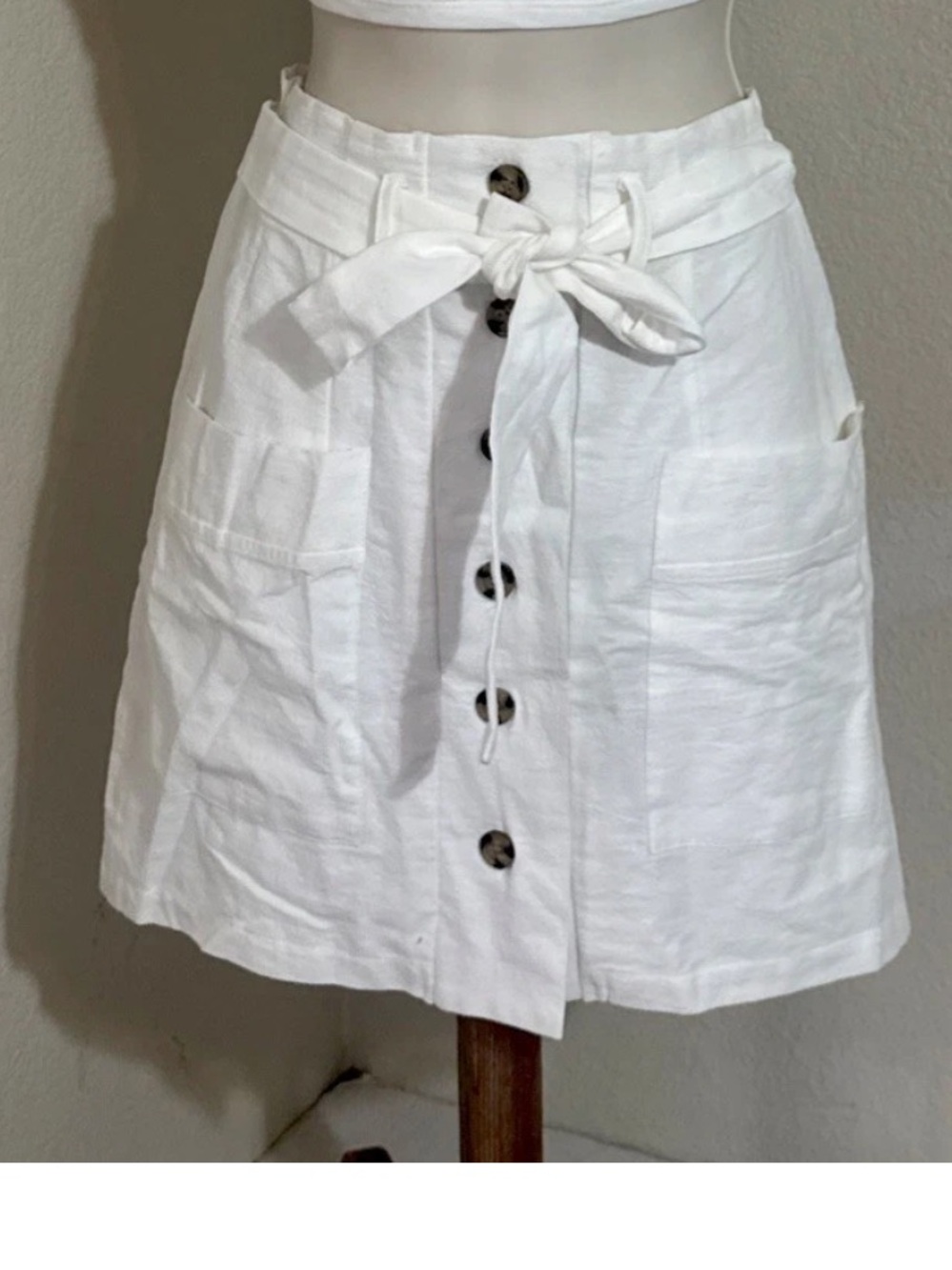 White High Waist Skirt Women Button Front Tie Belt Boho Trendy Size Small